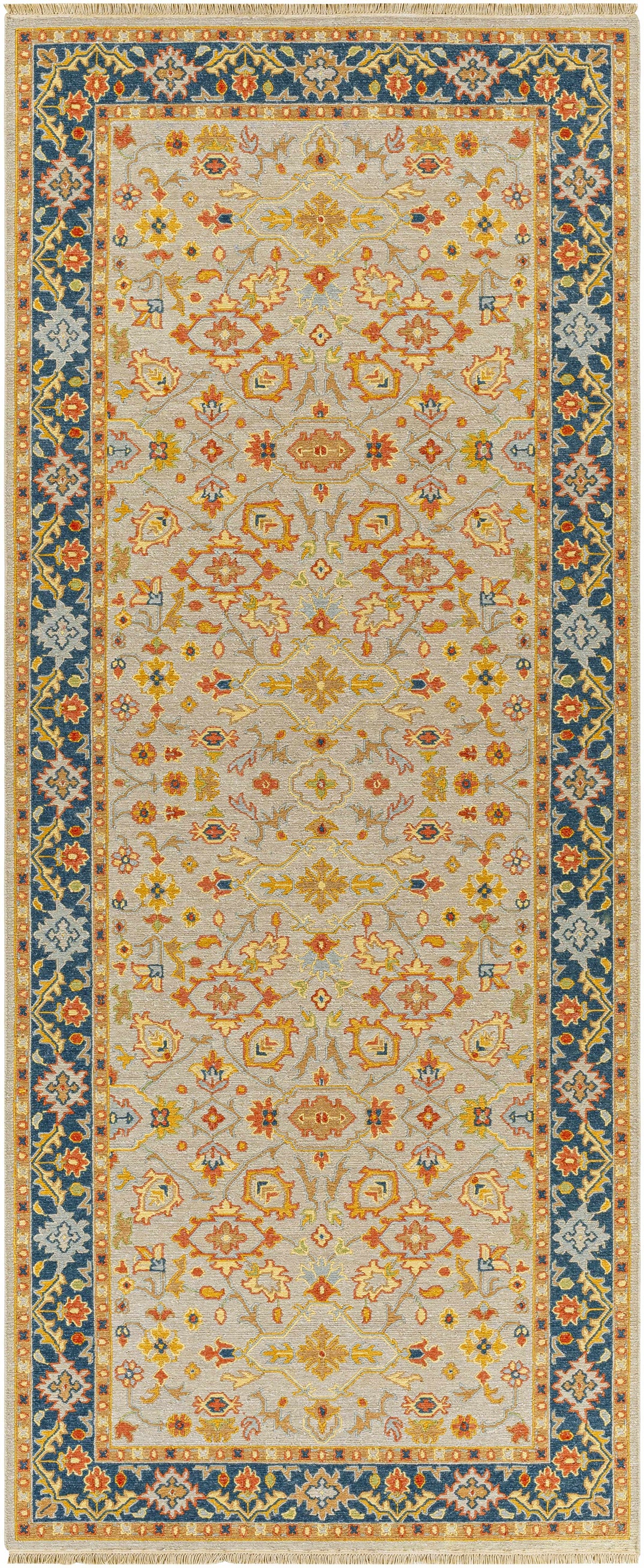 Yenimahalle Premium Rug by Boutique Rugs in beige with blue border clearance on Tampa Home & Garden Store
