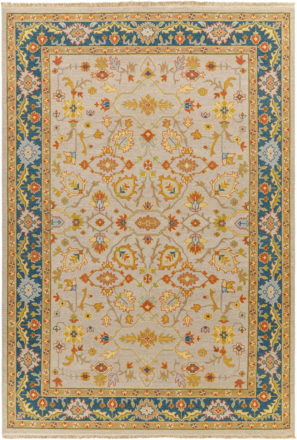 Boutique Rugs Yenimahalle Premium Rug beige center with floral motifs, blue border fringe on Tampa Home & Garden Store