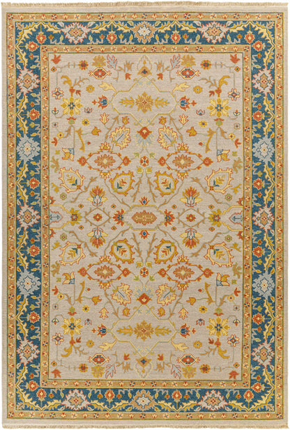 Boutique Rugs Yenimahalle Premium Rug beige center with floral motifs, blue border fringe on Tampa Home & Garden Store
