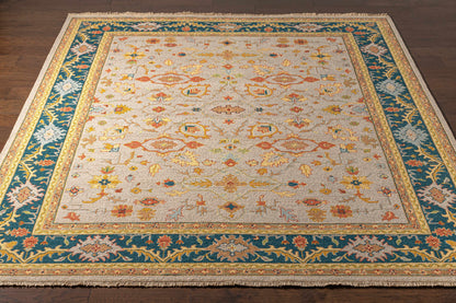 Yenimahalle Premium Rug from Boutique Rugs, beige field with teal border on Tampa Home & Garden Store