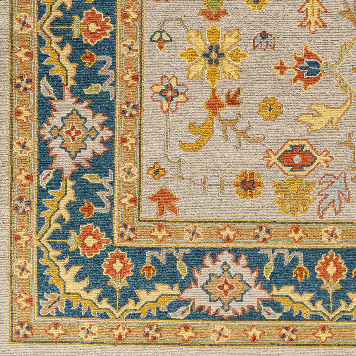 Yenimahalle Premium Rug by Boutique Rugs beige field with blue border and floral motifs on Tampa Home & Garden Store