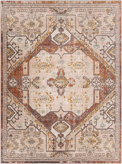 Yennora area rug by Boutique Rugs in pink cream with oriental medallion and rust border on Tampa Home & Garden Store