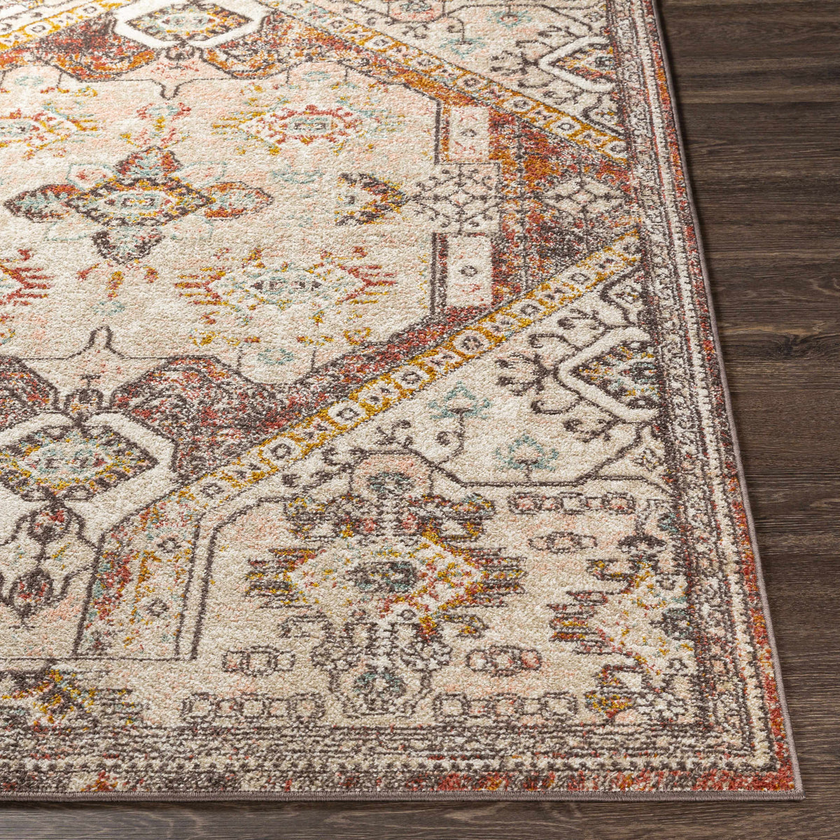 Yennora area rug Boutique Rugs, cream multicolor pattern with burgundy border, clearance on Tampa Home & Garden Store