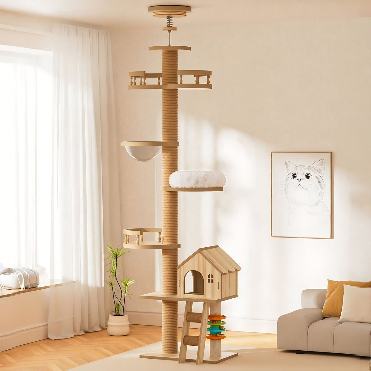 Floor-to-ceiling cat tree by HouseOfZazla with wood condo cave bed and hammock on Tampa Home & Garden Store