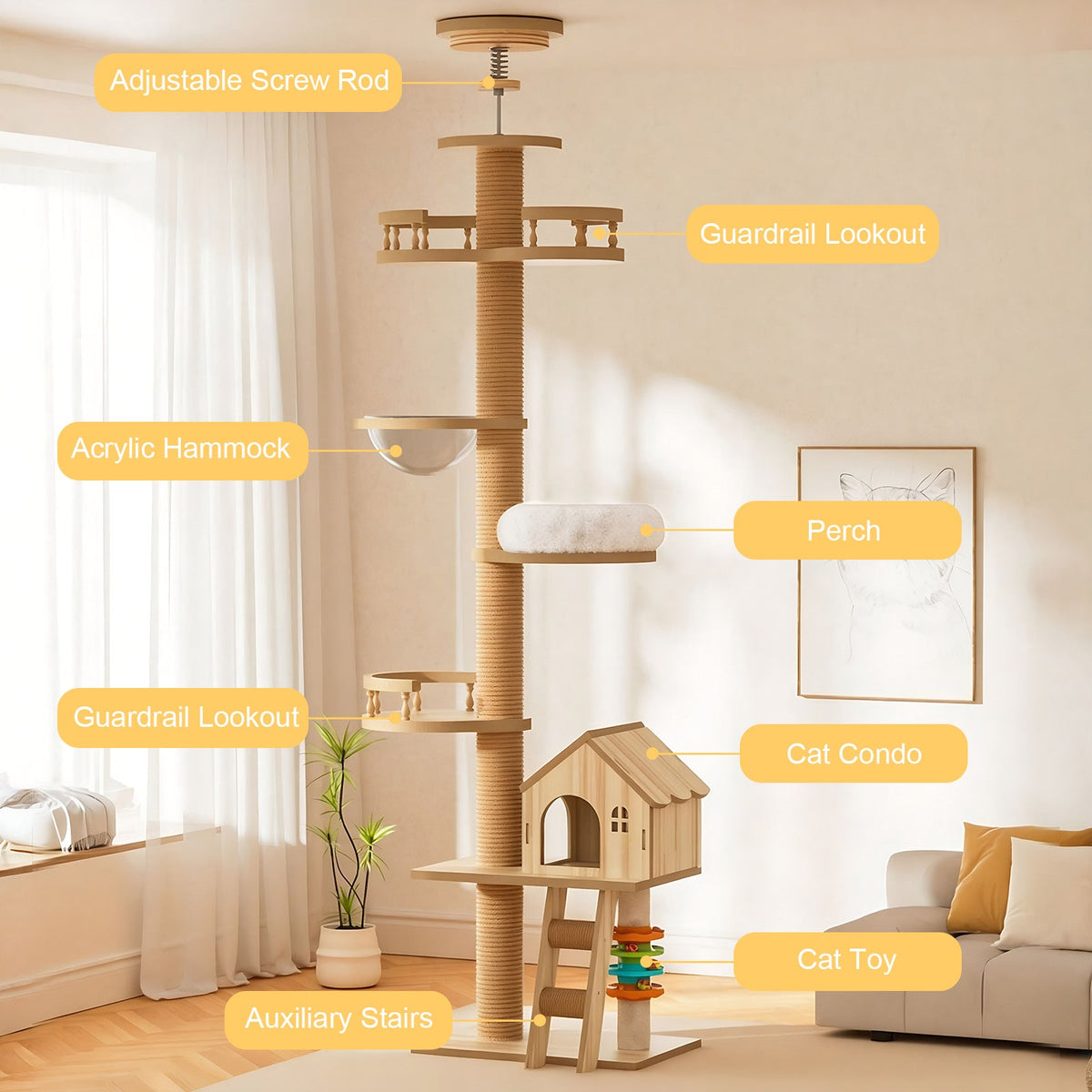 Floor to Ceiling Cat Tree with sisal rope, condo cave, hammock, adjustable height on Tampa Home & Garden Store