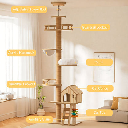 Floor to Ceiling Cat Tree with sisal rope, condo cave, hammock, adjustable height on Tampa Home & Garden Store