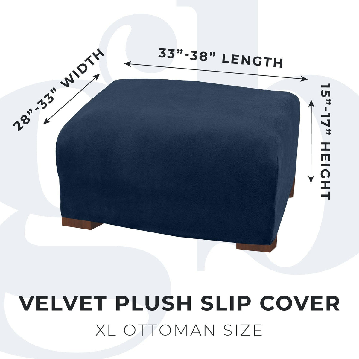 Velvet plush slipcover for XL ottoman, Gale Collection by Great Bay Home, navy blue on Tampa Home & Garden Store