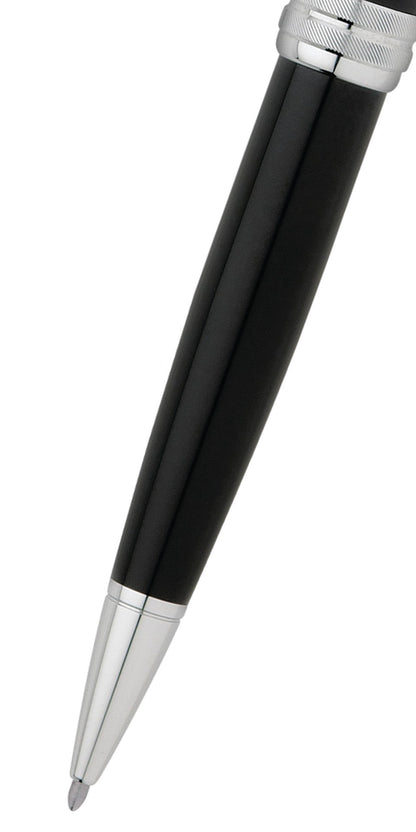 Bailey Black Lacquer Ballpoint Pen by A.T. Cross with silver chrome tip and cap band on Tampa Home & Garden Store