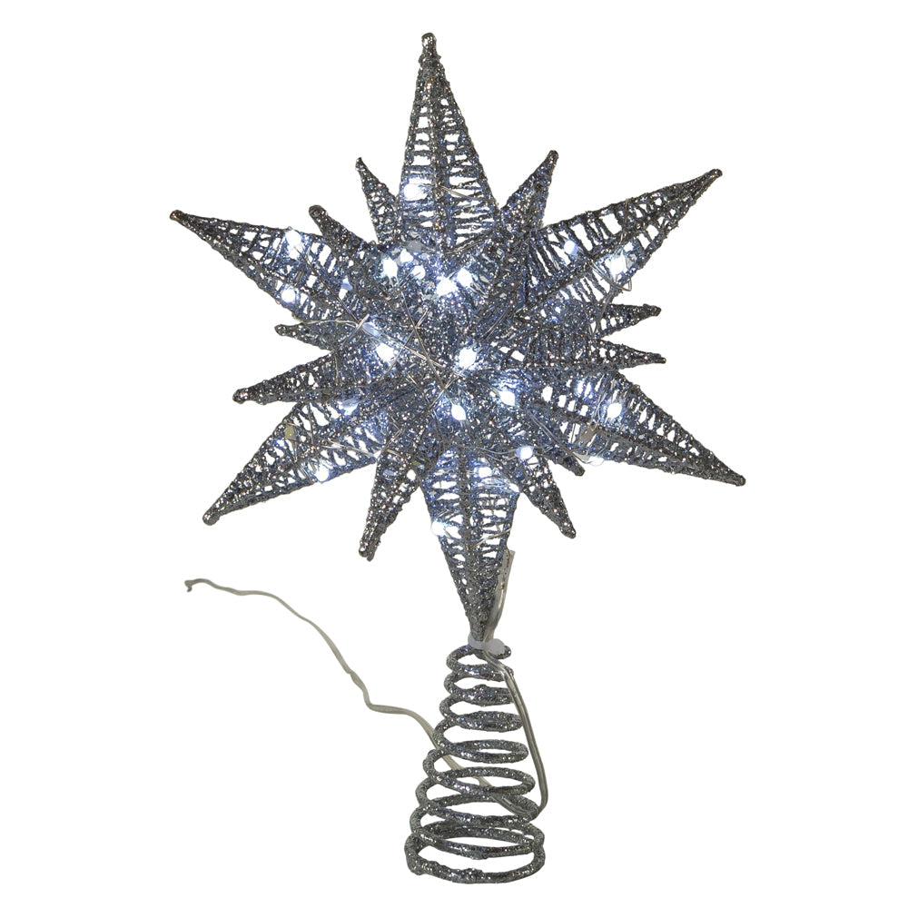 Twinkling LED Silver Starburst Treetopper with white lights atop a coiled spiral base on Tampa Home & Garden Store
