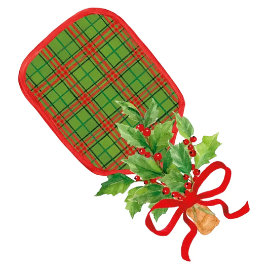 Plaid pickleball paddle gift tag in green plaid with red border, holly sprig and red ribbon on Tampa Home & Garden Store