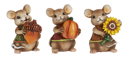 Blessed and Thankful Harvest Mouse Stone 3pc brown mice in outfits with pinecone pumpkin sunflower on Tampa Home & Garden Store