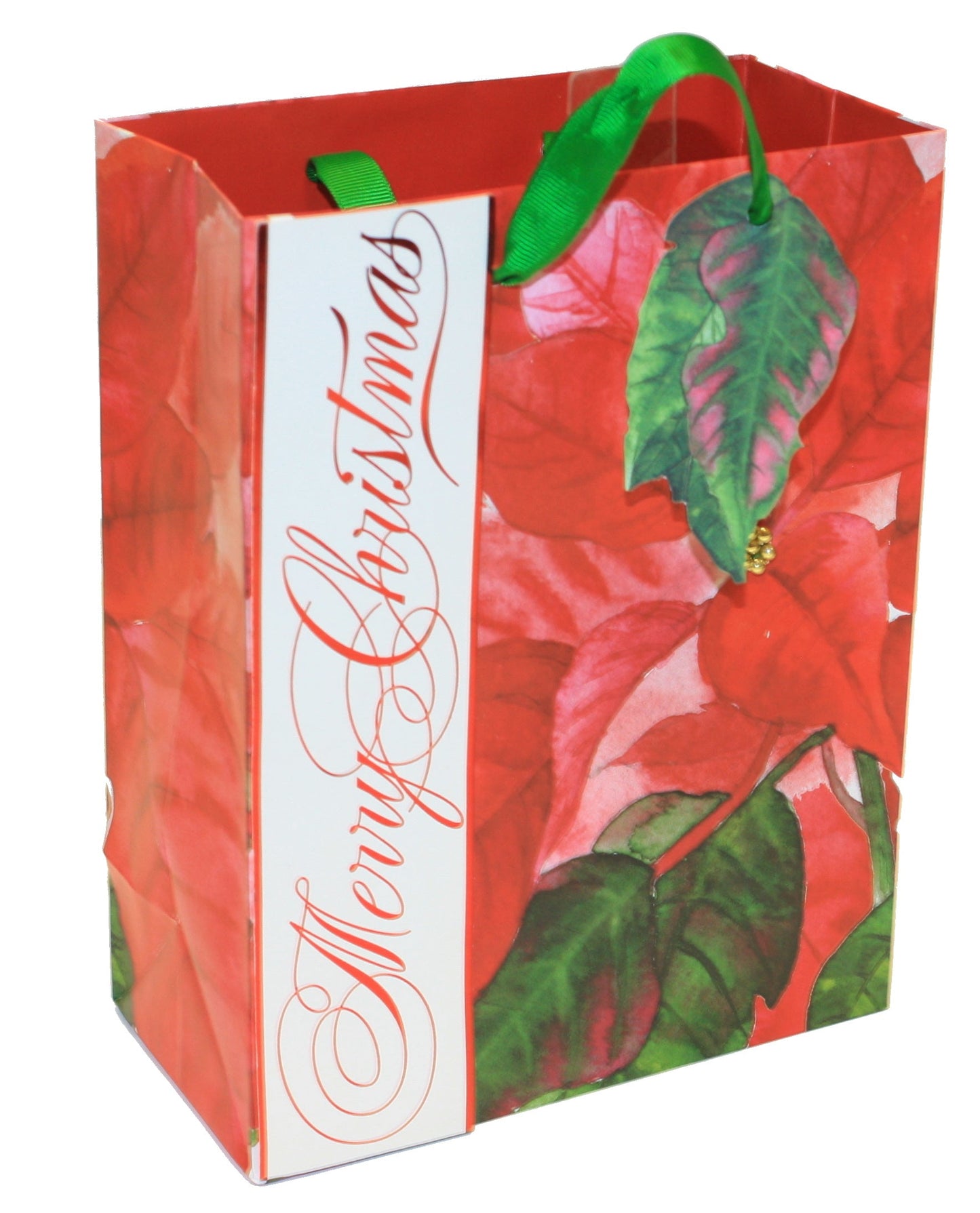 Traditional medium gift bag with red watercolor floral print and green ribbon handles on Tampa Home & Garden Store