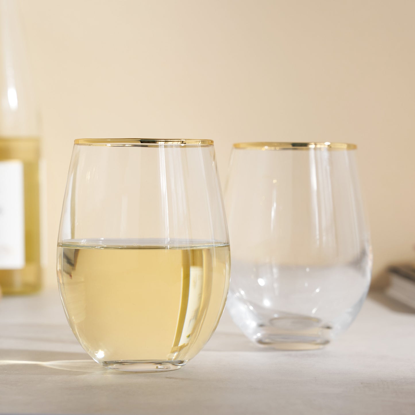 Gilded Stemless Wine Glasses and Gold Rim Set