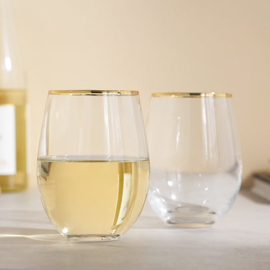 Gilded Stemless Wine Glasses and Gold Rim Set