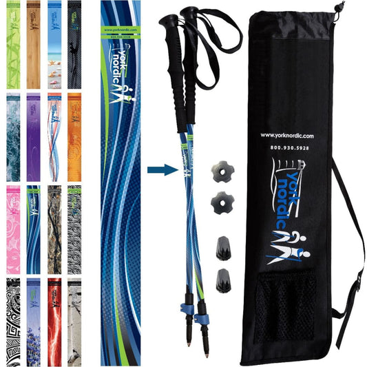 York Nordic Casual Trek Hiking Poles pair with blue patterned shafts and flip-locks carrying bag on Tampa Home & Garden Store
