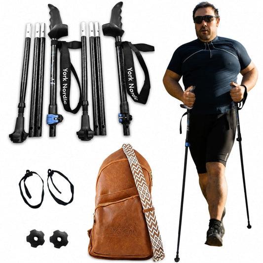 Travel hiking poles York Nordic Motivator Super Duty with XL stability grips, shown with brown backpack and straps on Tampa Home & Garden Store