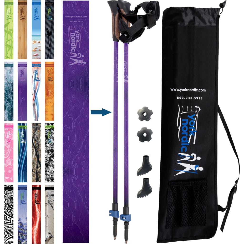 York Nordic purple walking poles with glove grip, flip locks, detachable feet and travel bag on Tampa Home & Garden Store
