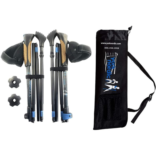 York Nordic folding hiking poles 4-piece black with blue grips rubber feet carry bag on Tampa Home & Garden Store