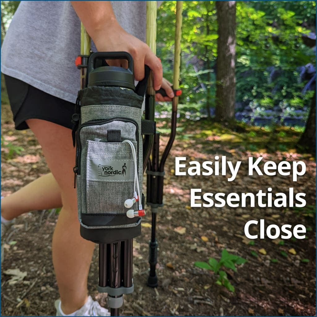York Nordic underarm crutch bag in gray fabric with front pocket attached to a walking crutch on Tampa Home & Garden Store