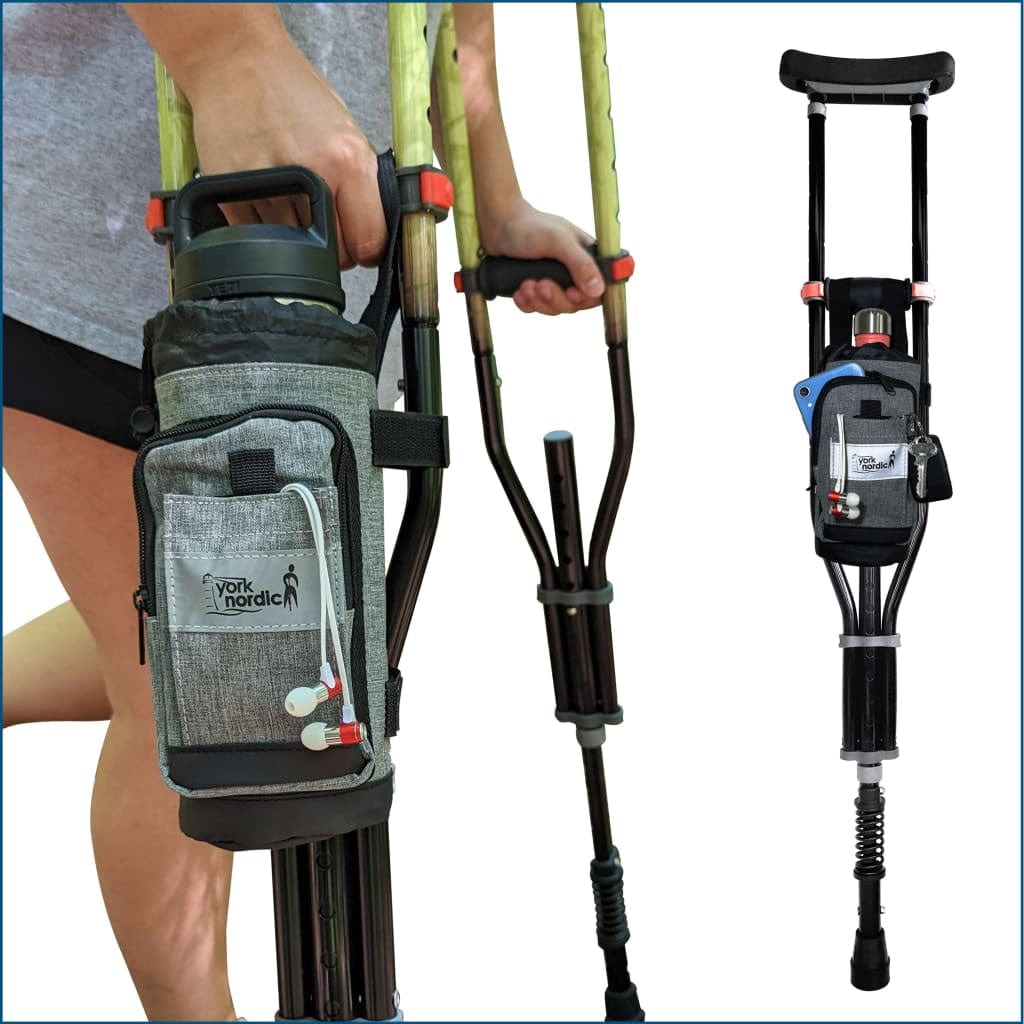 York Nordic underarm crutch bag on gray crutches with pocket and logo on Tampa Home & Garden Store