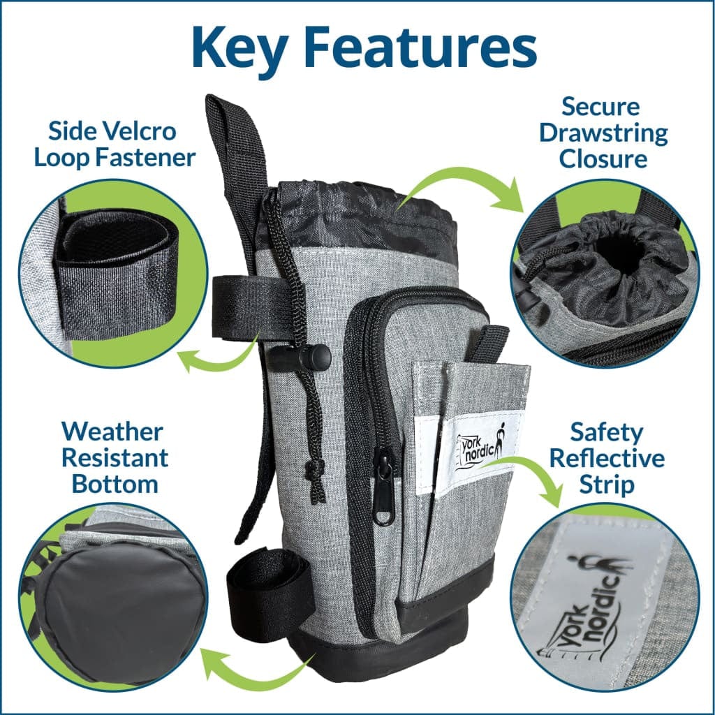 York Nordic underarm crutch bag, grey fabric, black straps, drawstring closure, reflective strip on Tampa Home & Garden Store