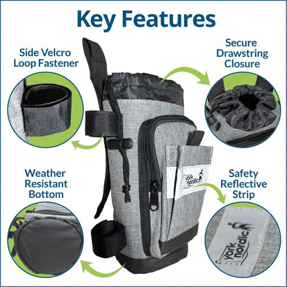 York Nordic underarm crutch bag, grey fabric, black straps, drawstring closure, reflective strip on Tampa Home & Garden Store