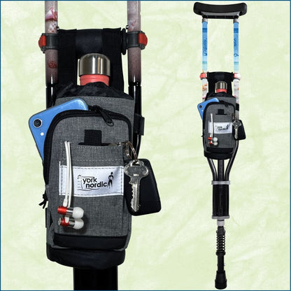 York Nordic Underarm Crutch Bag on a walking aid with fabric, front pocket, keys, phone on Tampa Home & Garden Store