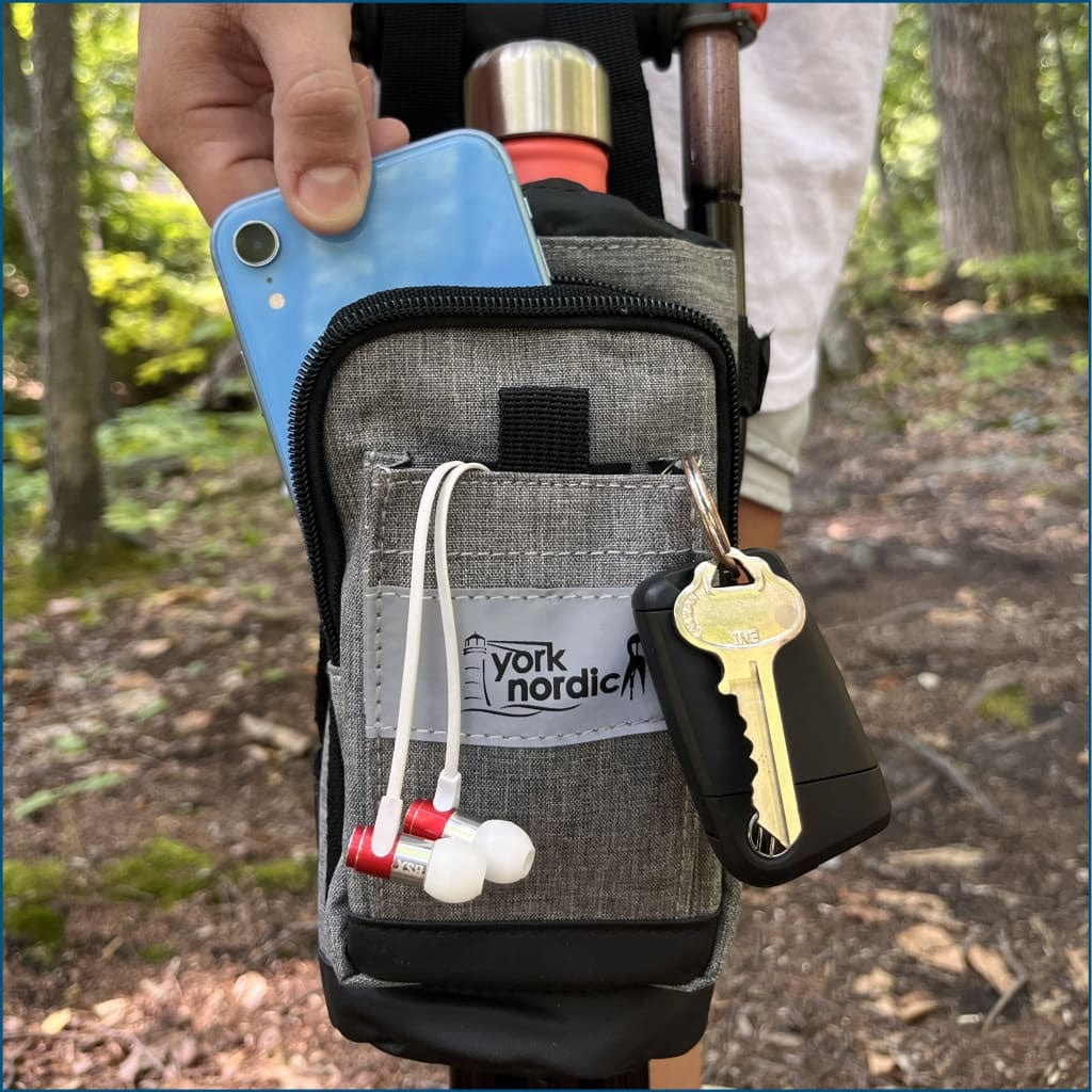 York Nordic Underarm Crutch Bag gray fabric with black zipper; holds phone and keys on crutch on Tampa Home & Garden Store