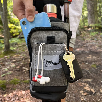 York Nordic Underarm Crutch Bag gray fabric with black zipper; holds phone and keys on crutch on Tampa Home & Garden Store