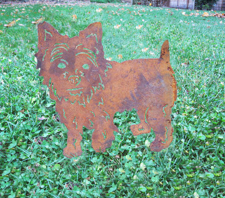 Yorkie statue garden sculpture, rusty metal terrier dog by Rustica Ornamentals on Tampa Home & Garden Store