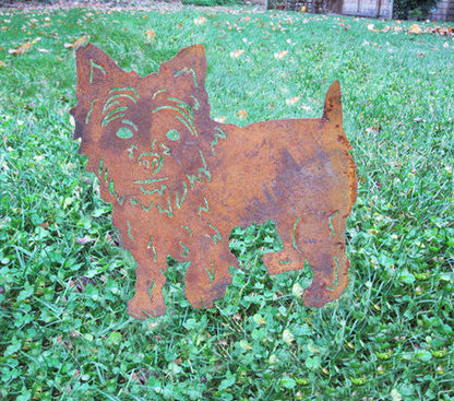 Yorkie statue garden sculpture, rusty metal terrier dog by Rustica Ornamentals on Tampa Home & Garden Store