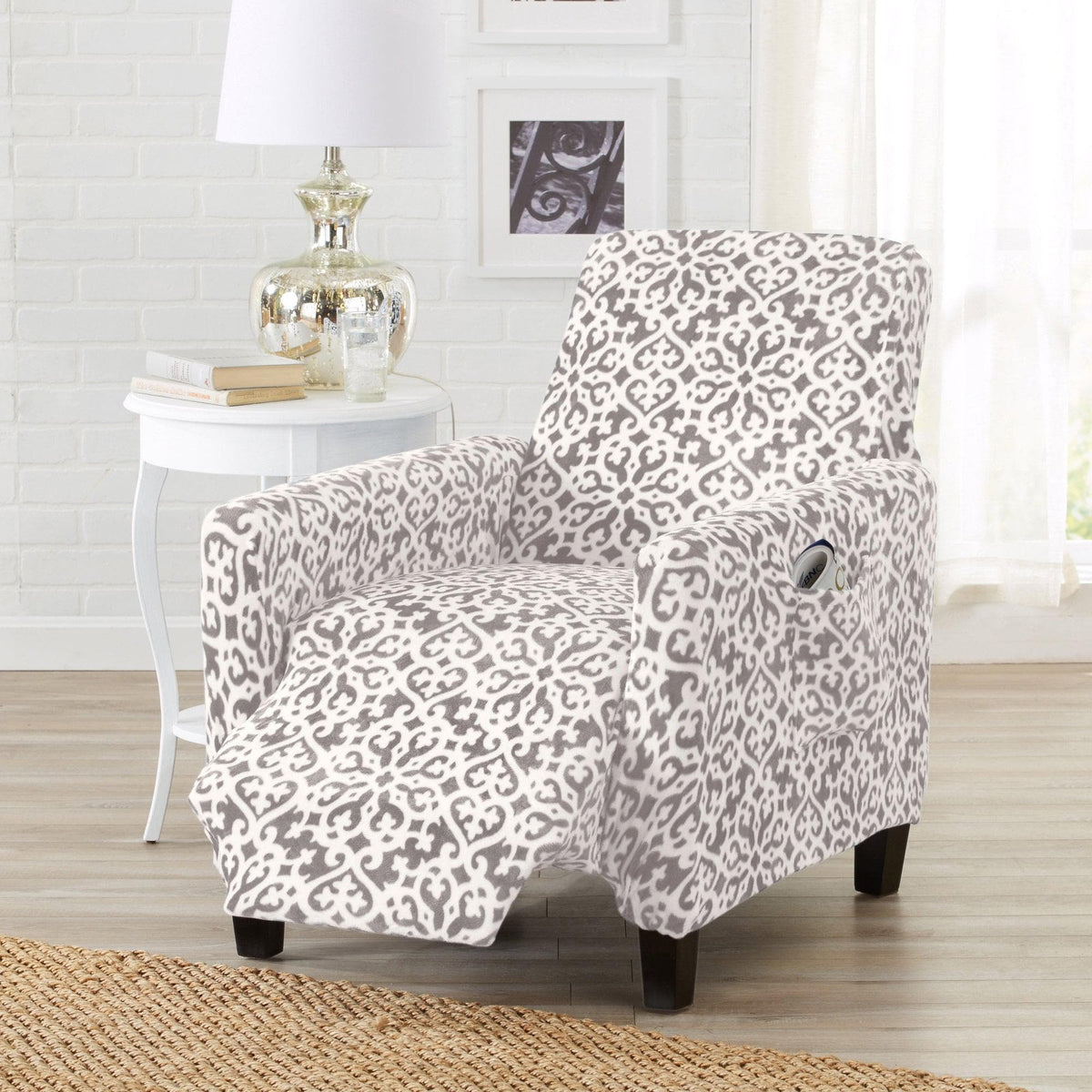 Velvet Stretch Slipcover Gale Collection grey damask for accent chair on Tampa Home & Garden Store