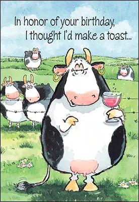 Birthday Card Toast or Pie featuring a cartoon cow in a farm scene holding a toast on Tampa Home & Garden Store
