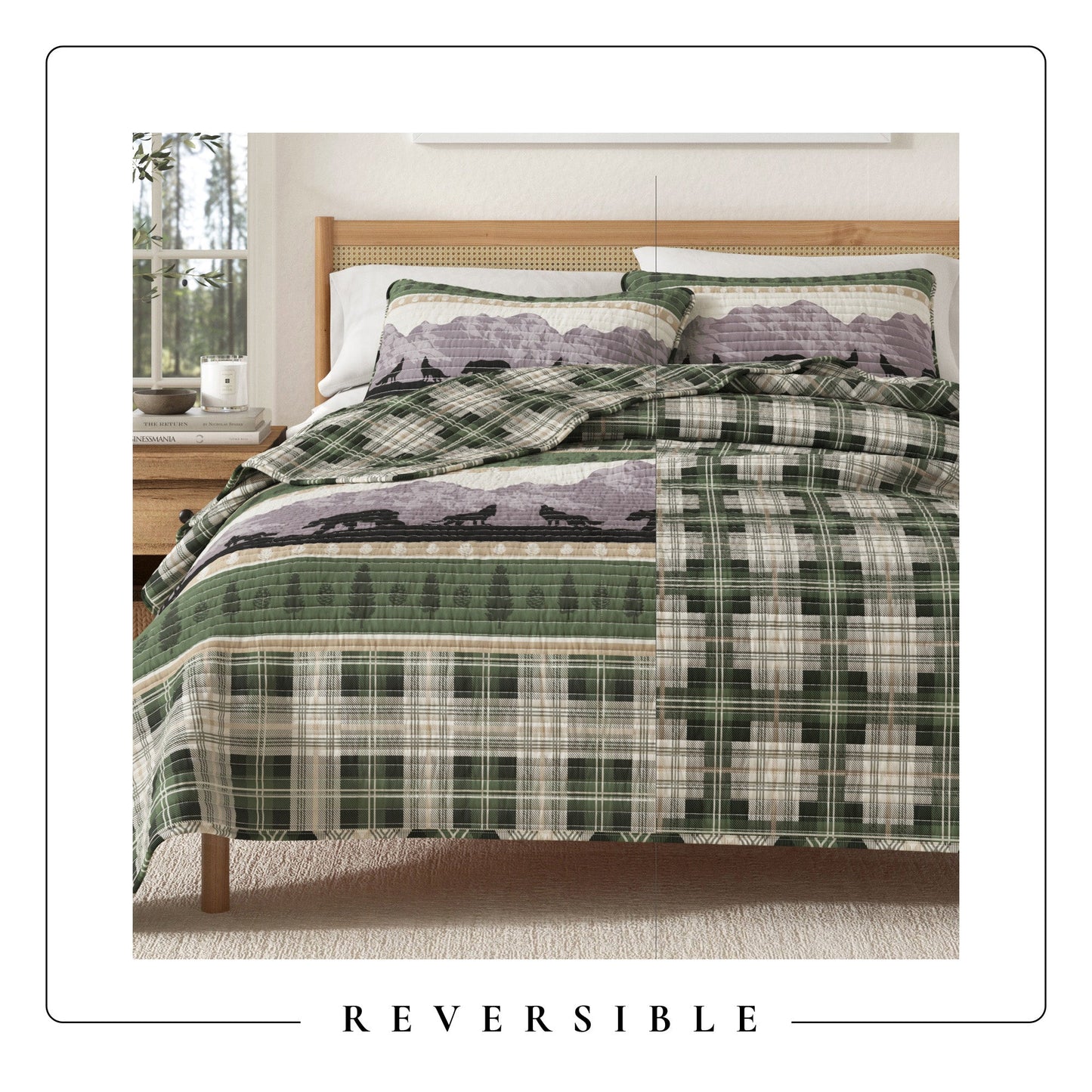 Lodge Plaid Quilt With Bear And Mountain Scene