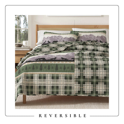 Lodge Plaid Quilt With Bear And Mountain Scene