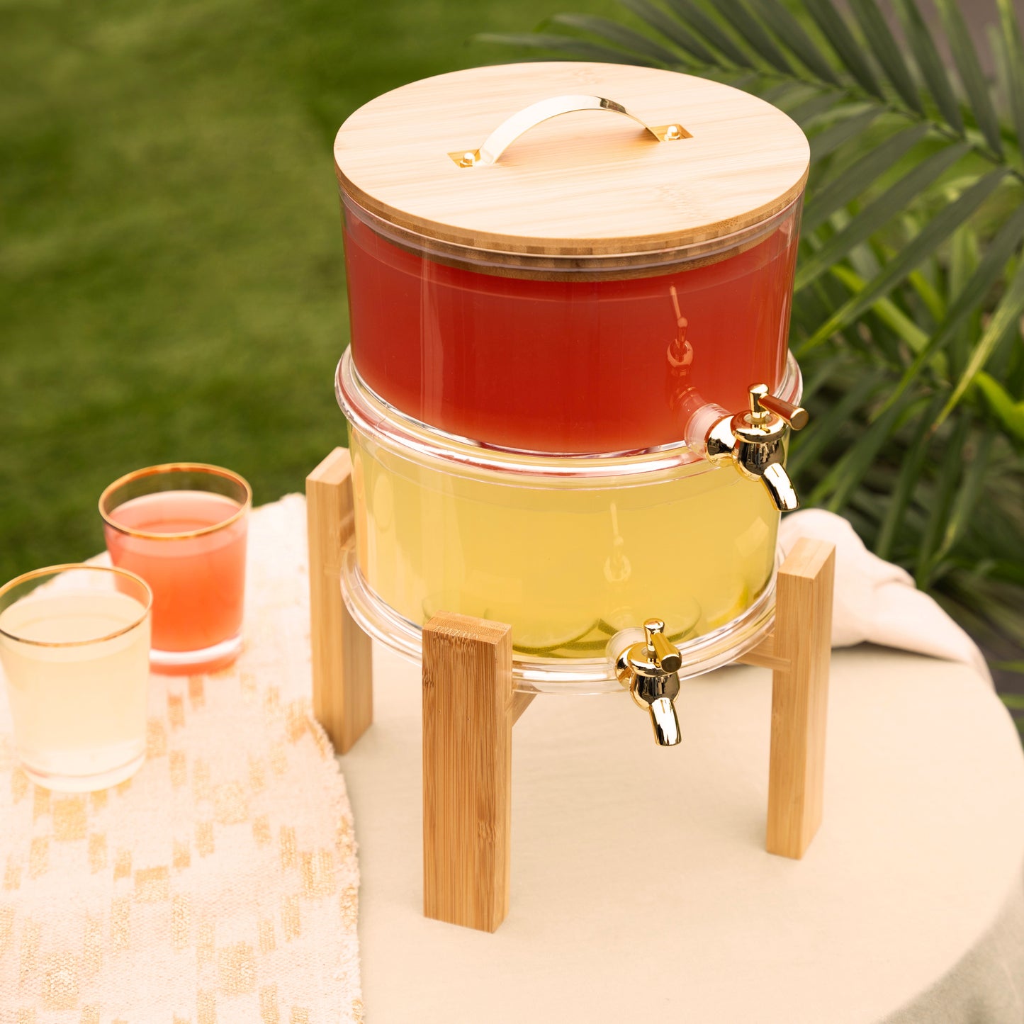 Double Outdoor Drink Dispenser with a Bamboo Lid