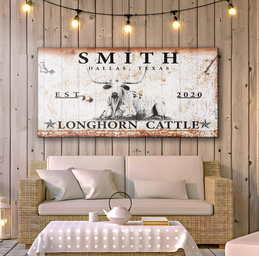 Longhorn rustic cattle sign canvas art with distressed rust finish on wood backdrop on Tampa Home & Garden Store
