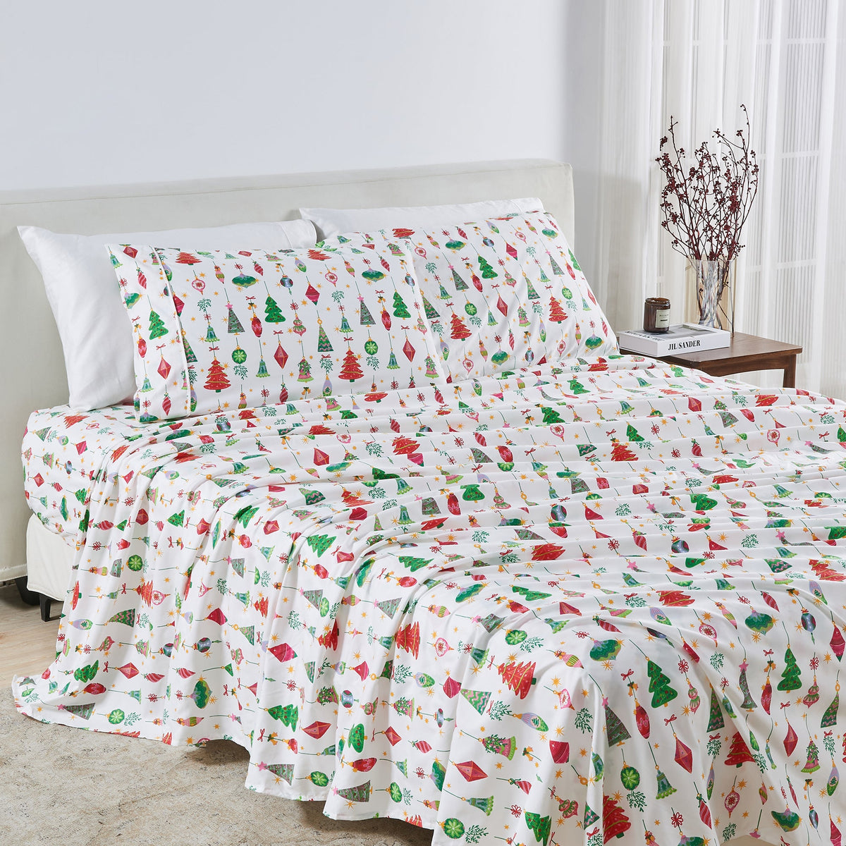 Printed Baylor Collection bed sheet set with festive tree print by Great Bay Home on Tampa Home & Garden Store