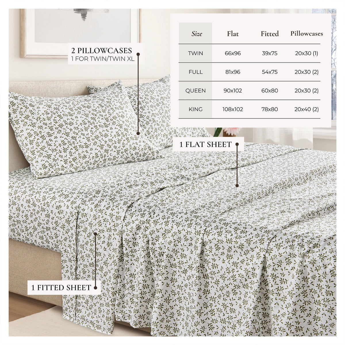Printed Sheet Set Baylor Collection by Great Bay Home; white with brown leaf print twin/twin XL on Tampa Home & Garden Store