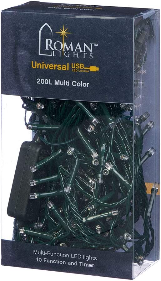 Luces multifunción de cable verde de 200 LED (15,7 m) alimentadas por USB con temporizador - Multicolor