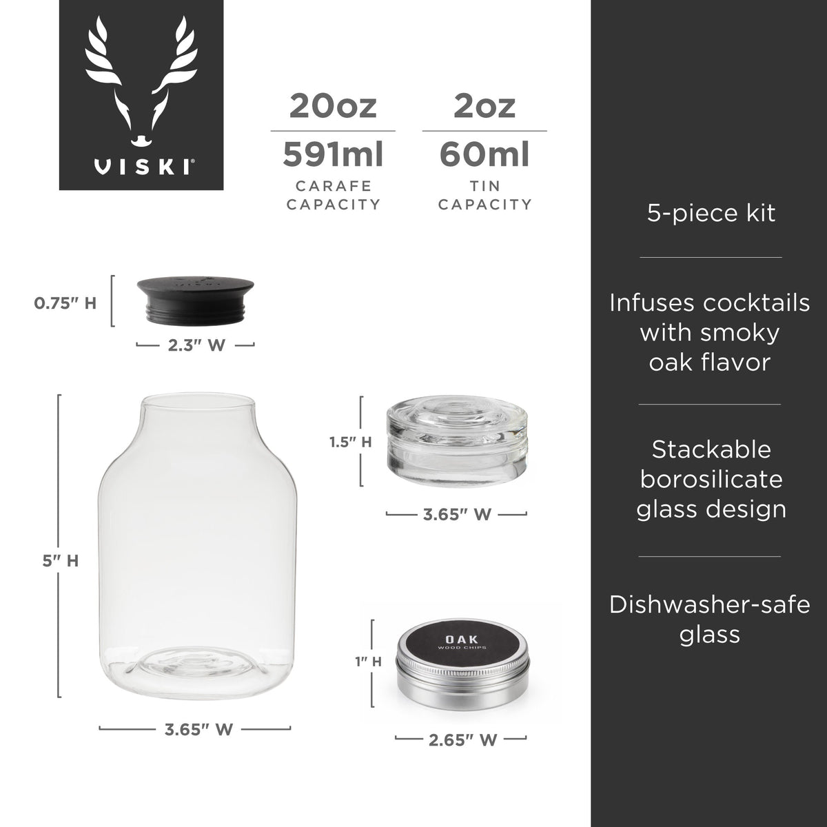 Viski 5-piece stacking smoked cocktail kit with glass carafe and oak wood chips tin on Tampa Home & Garden Store