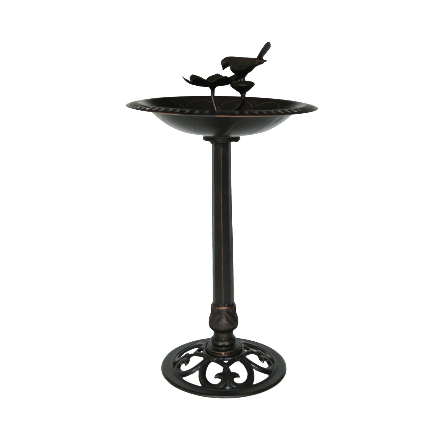 Outdoor aluminum and iron bird bath, black finish with bowl and perched bird finial, stand on Tampa Home & Garden Store