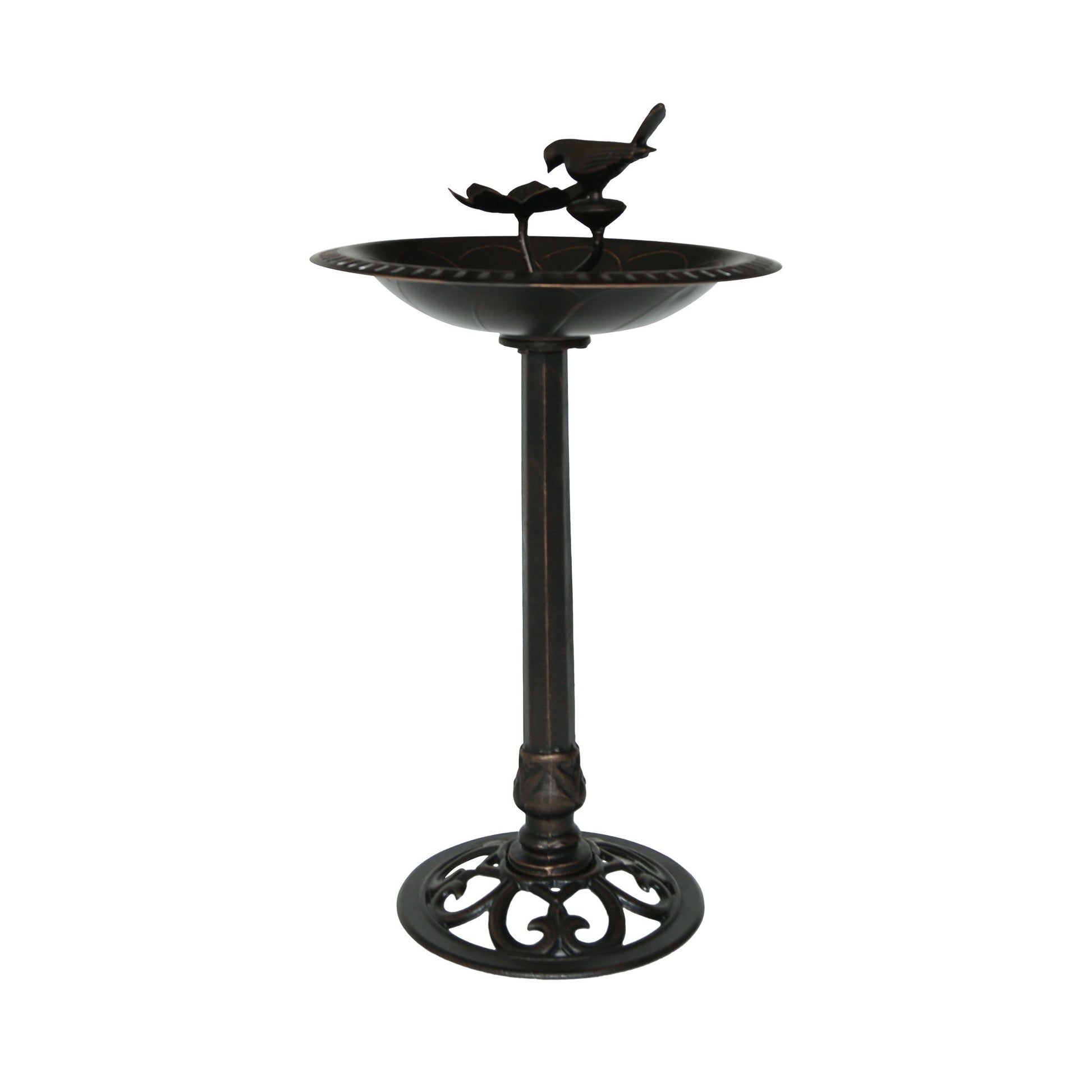 Outdoor aluminum and iron bird bath, black finish with bowl and perched bird finial, stand on Tampa Home & Garden Store
