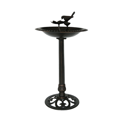 Outdoor aluminum and iron bird bath, black finish with bowl and perched bird finial, stand on Tampa Home & Garden Store
