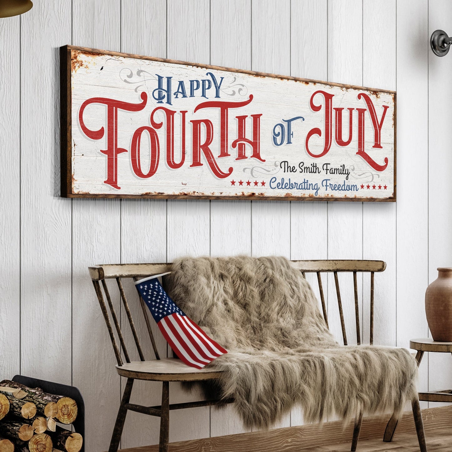 Happy 4th of July Personalized Sign canvas by Tailored Canvases with red blue lettering on Tampa Home & Garden Store