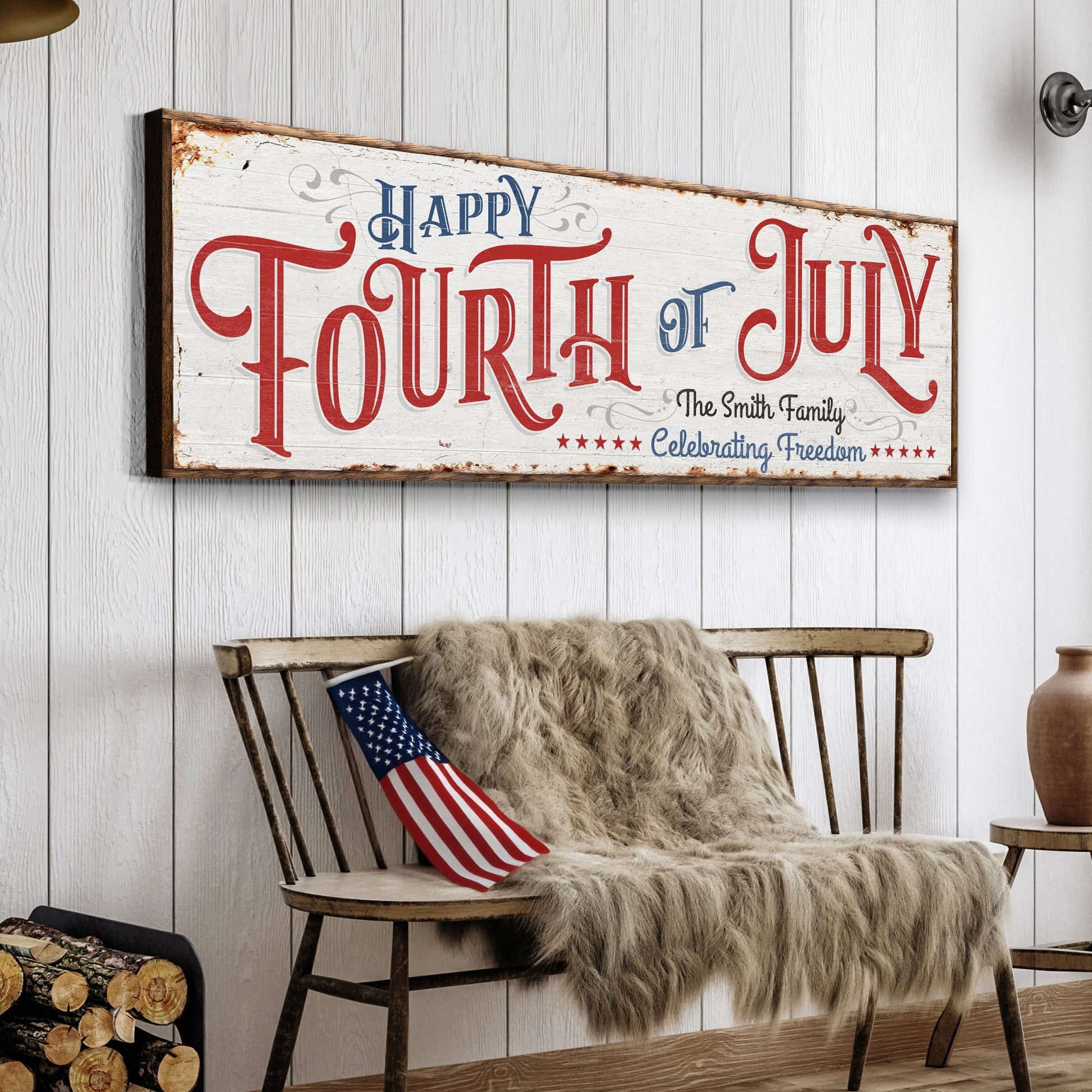 Happy 4th of July Personalized Sign canvas by Tailored Canvases with red blue lettering on Tampa Home & Garden Store