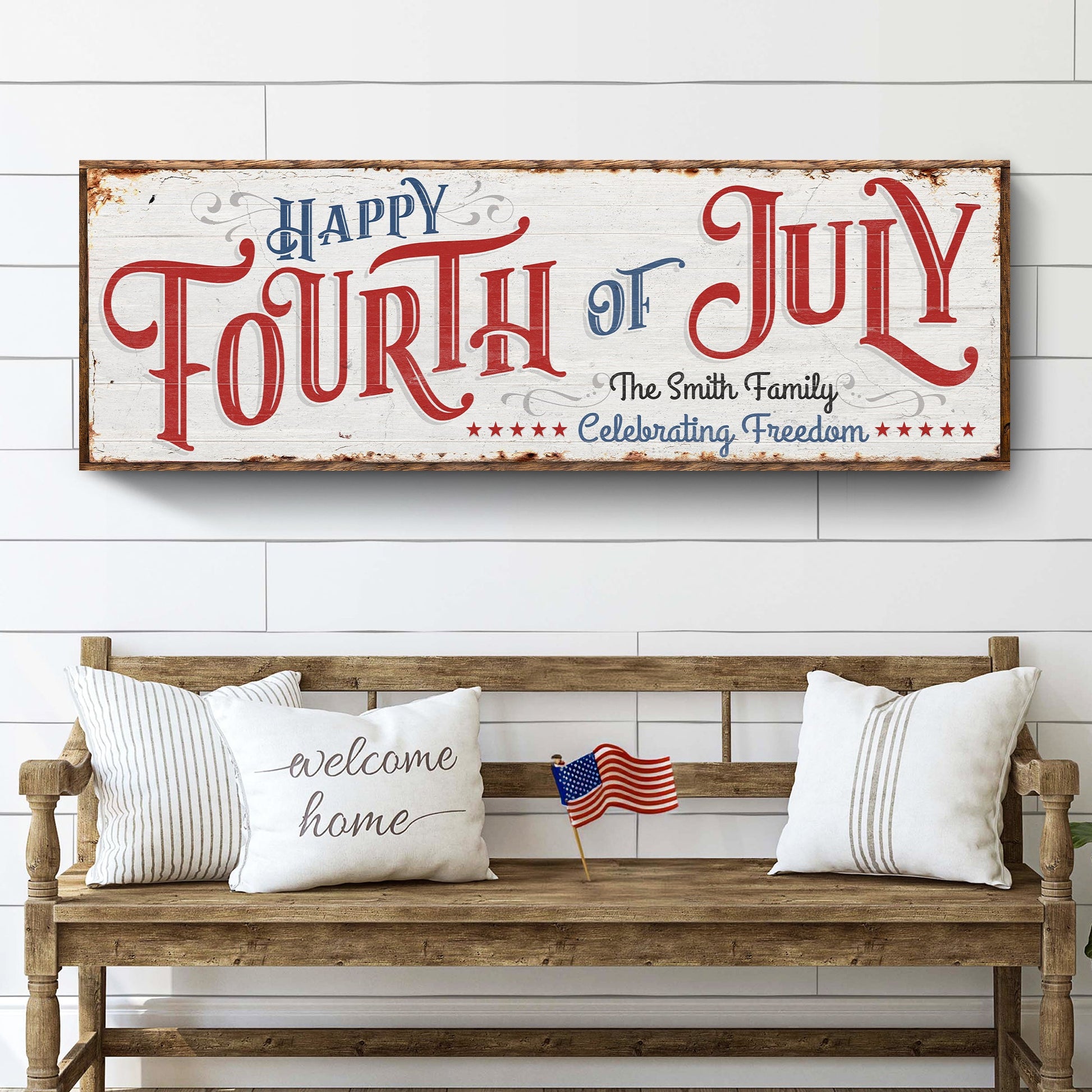 Canvas sign Happy 4th of July by Tailored Canvases, rustic wood with red and blue typography on Tampa Home & Garden Store
