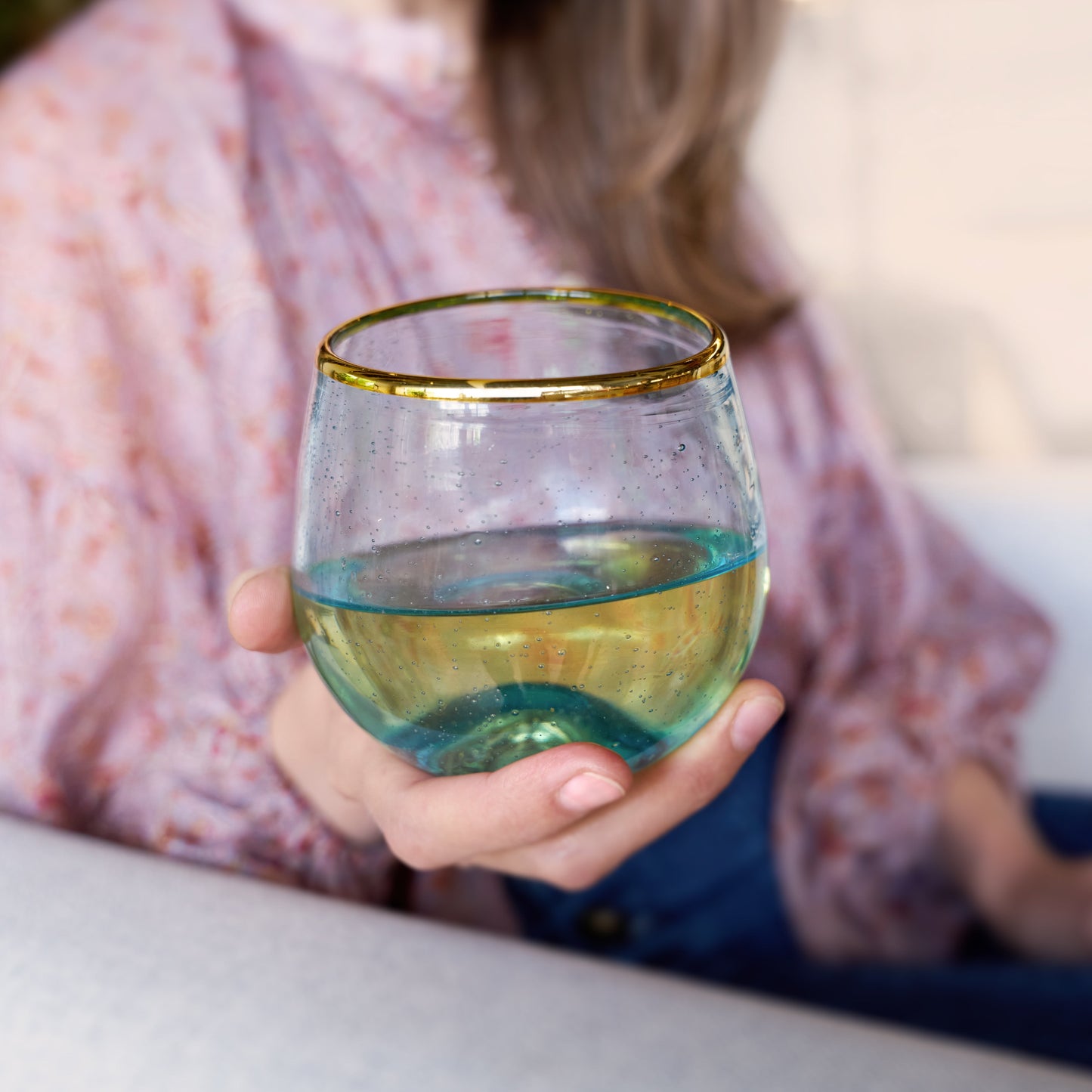 Aqua Bubble Stemless Wine Glasses and Gold Rim