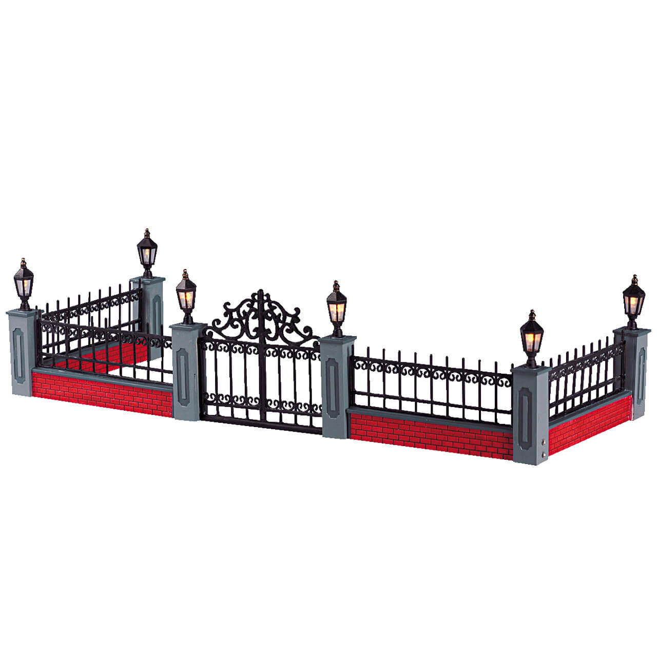 Lighted wrought iron fence 5-piece set with ornate gate, lamp posts, gray pillars, red brick base on Tampa Home & Garden Store