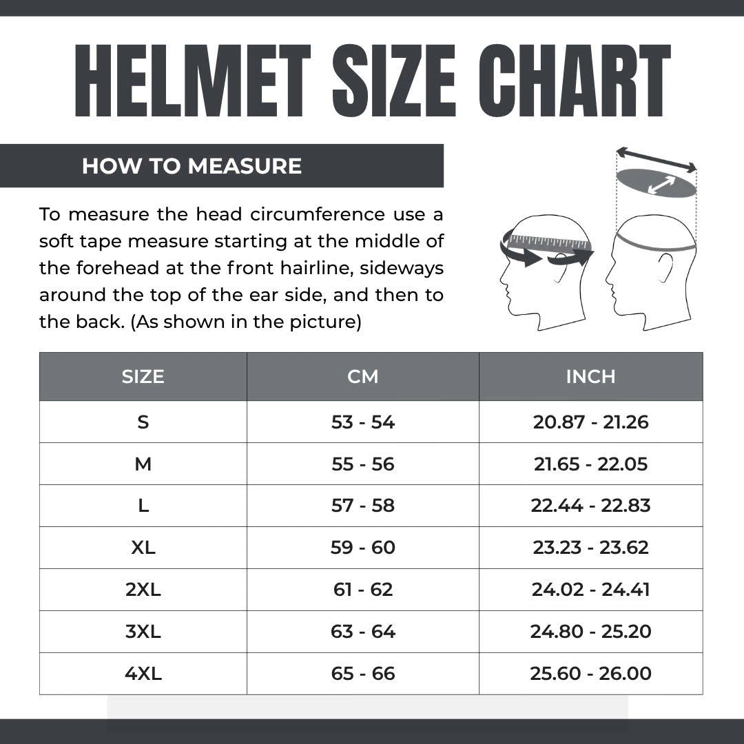 Chopper low-profile vintage motorcycle helmet size chart with measurement guide and S-4XL table on Tampa Home & Garden Store